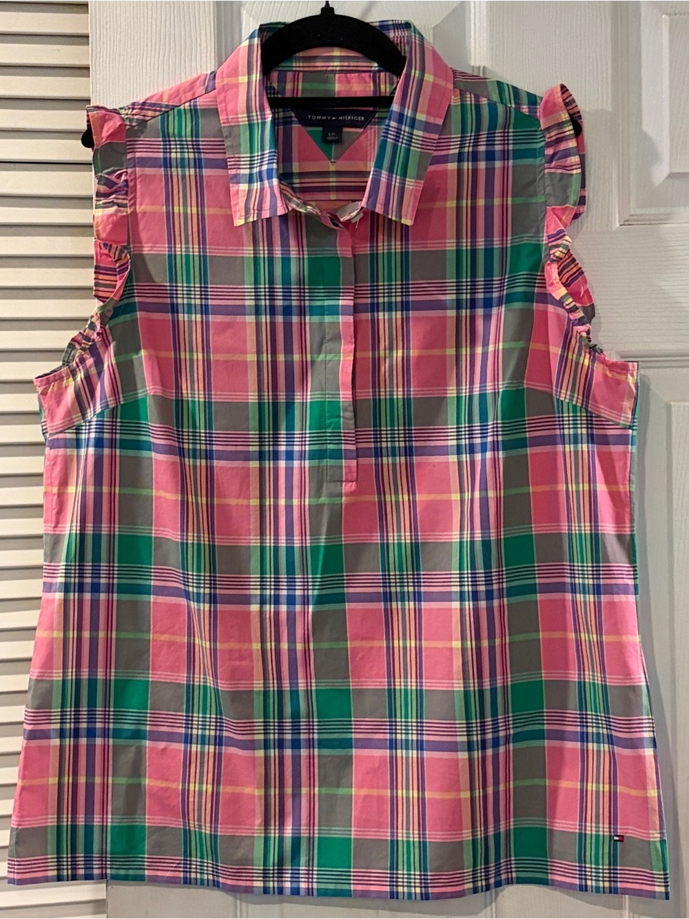 Tommy Hilfiger Madras Plaid Ruffle Sleeveless Blouse Top Pink Green L
